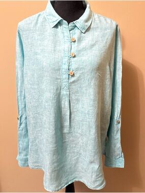 Sigrid Olsen Aqua Linen Button-Front Blouse